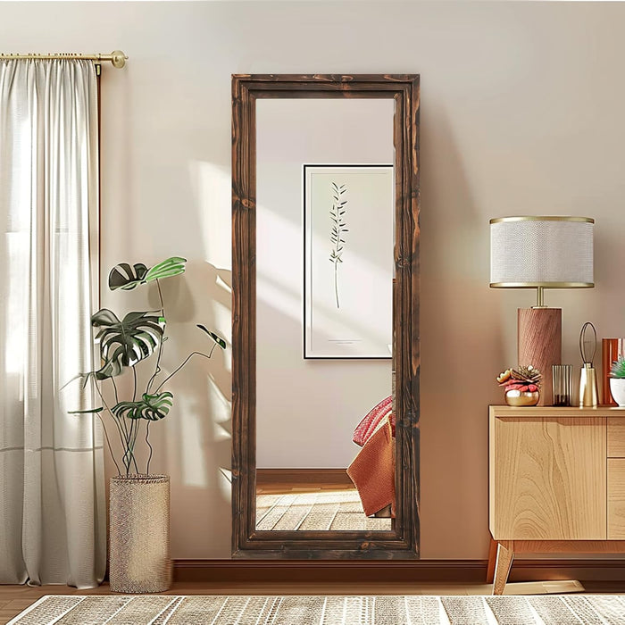 58X22In Full Length Mirror, 3-Tier Stepped Solid Wood Frame, Brown