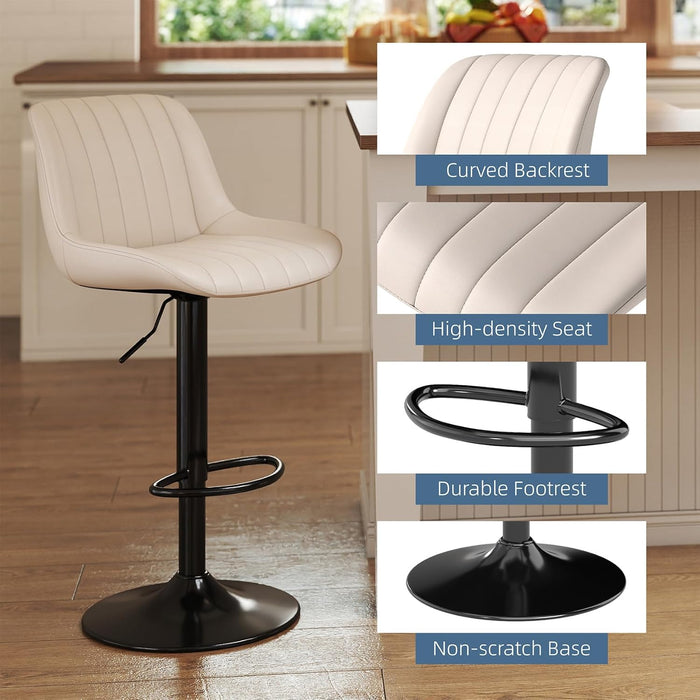 Adjustable Faux Leather Bar Stools Set of 3, Beige | Swivel, Counter Height, Back & Footrest, Armless, PU, Modern, Kitchen Island Stool, Upholstered Dining Room Chair