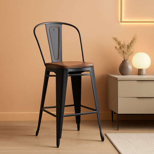 26" Swivel Metal Bar Stools Set of 4 High Back Counter Height Barstools Industrial Dining Bar Chairs with Large Wooden Seat-Matte Black