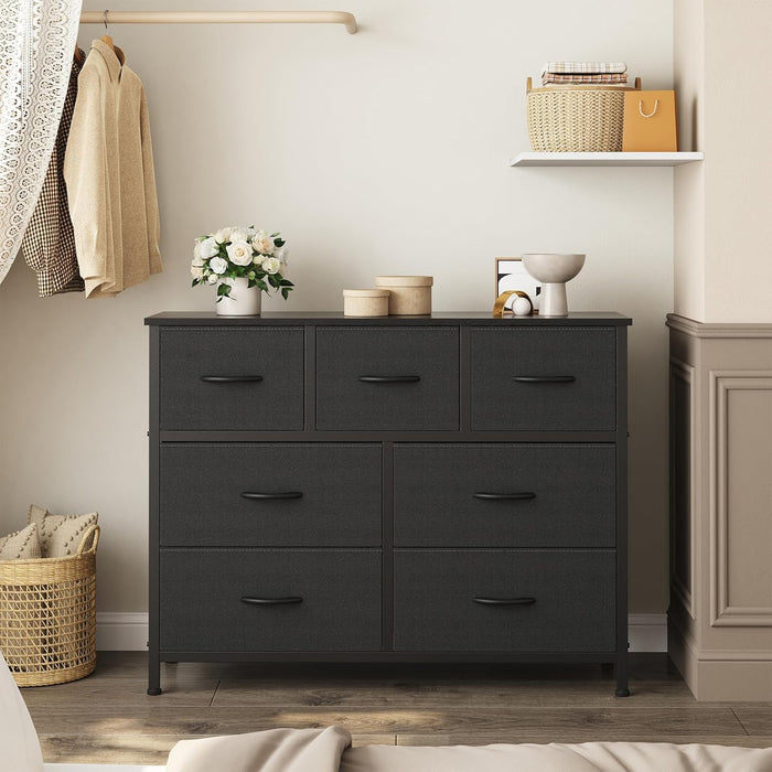 Dresser for Bedroom with 7 Fabric Drawers Storage Organizer Closet Chest Clothes Cabinet Vertical Dresser for Living Room Entryway Hallway,Black