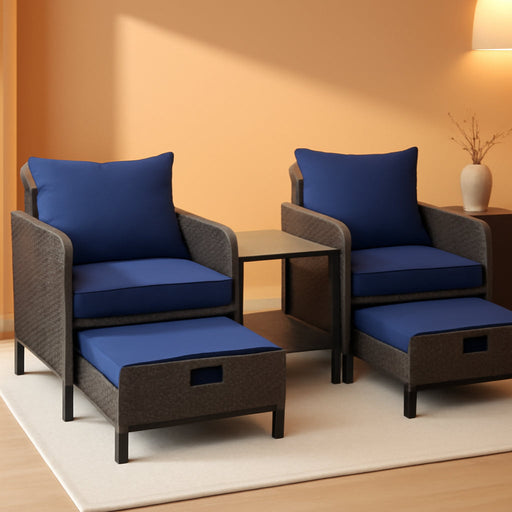 Balcony Furniture 5 Piece Patio Conversation Set, PE Wicker Rattan Outdoor Lounge Chairs with Soft Cushions 2 Ottoman&Glass Table for Porch, Lawn-Brown Wicker