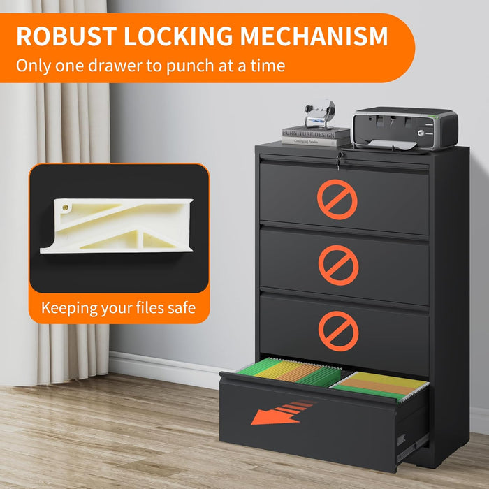 File Cabinets 4 Drawer,Metal Office Storage Filing Cabinet with Lock,Black Lateral Filing Cabinet for Home Office,Horizontal Locking File Cabinet for Legal/Letter/A4,Assembly Require,Black