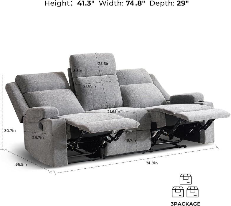 Large Manual Reclining Sofa – 3-Seater Chenille Reclining Couch with Cup Holders, Wide Seat, Easy Assembly & Spill-Resistant Fabric – Cozy Reclining Sofa for Living Room, Apartment, RV