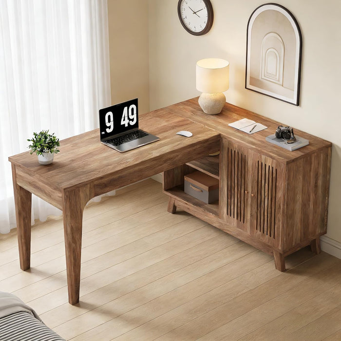 L Shaped Desk with Storage Cabinet & Shelves, 57" Large Corner Computer Desk for Home Office, Modern Wood Writing Desk with Smart One-Side Storage, Space-Saving Workstation for Study & Work