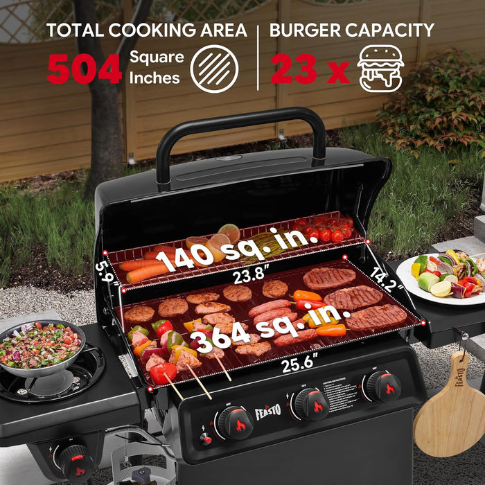 3 Burner Propane Gas Grill with Side Burner, Porcelain-Enamel Main Body and Lid, Propane BBQ Grill with 38,000 Btus Output & Side Table for Patio, Backyard, Poolside Gatherings