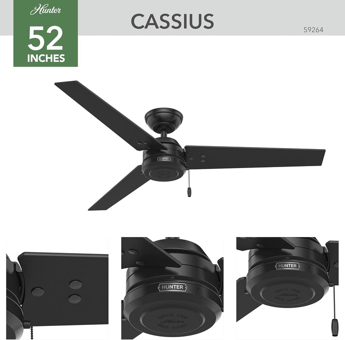 52 Inch Outdoor or Indoor Ceiling Fan No Light - Black Ceiling Fan without Light, for Patio, Porch, Garage, or Living Room, Standard Mount, 3 Blades, Pull Chain - Cassius 59264, Matte Black