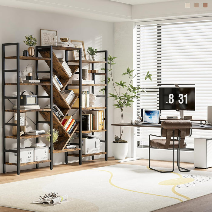 70X70" Triple 5 Tier Book Shelf, Large Wooden Bookcase with 17 Open Display Shelf, Modern Tree Bookshelf Metal Frame Tall Book Case Furniture for Living Room Bedroom Home Office Rustic Brown