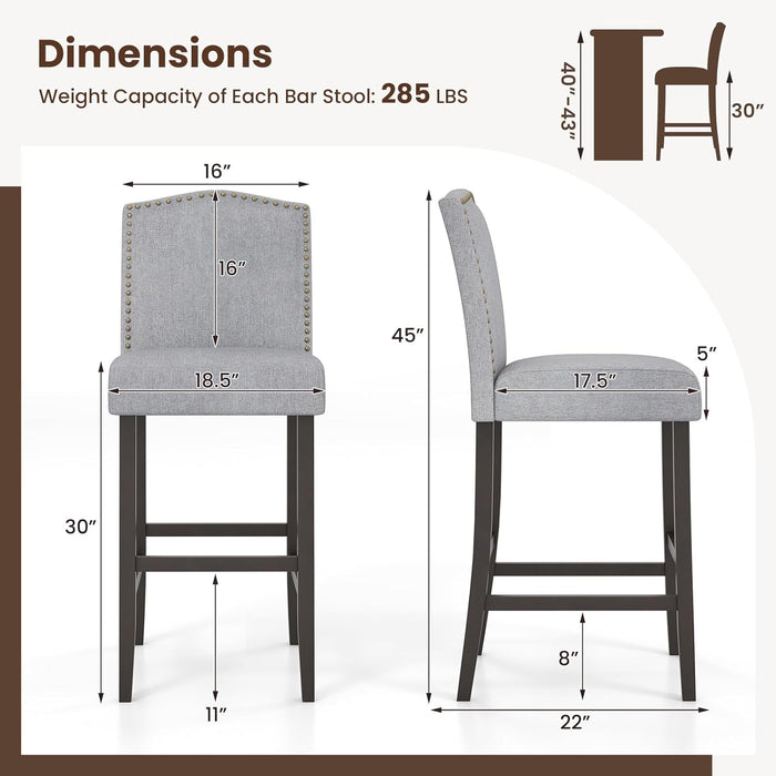 30" Bar Stools Set of 2, Upholstered Bar Height Bar Chairs with Back & Rubber Wood Legs, Antique Nailhead Trim, Modern Linen Fabric Barstools for Kitchen Island, Counter, Cafe, Pub, Grey