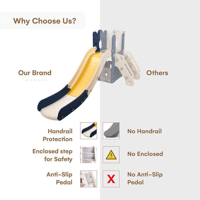 Playhouse with Slide and L-Stair - Basketball Hoop Indoor or Outdoor Playground Set for Toddlers - Handrail, Baby Climber Playset Playground Freestanding Slide - Blue & Yellow