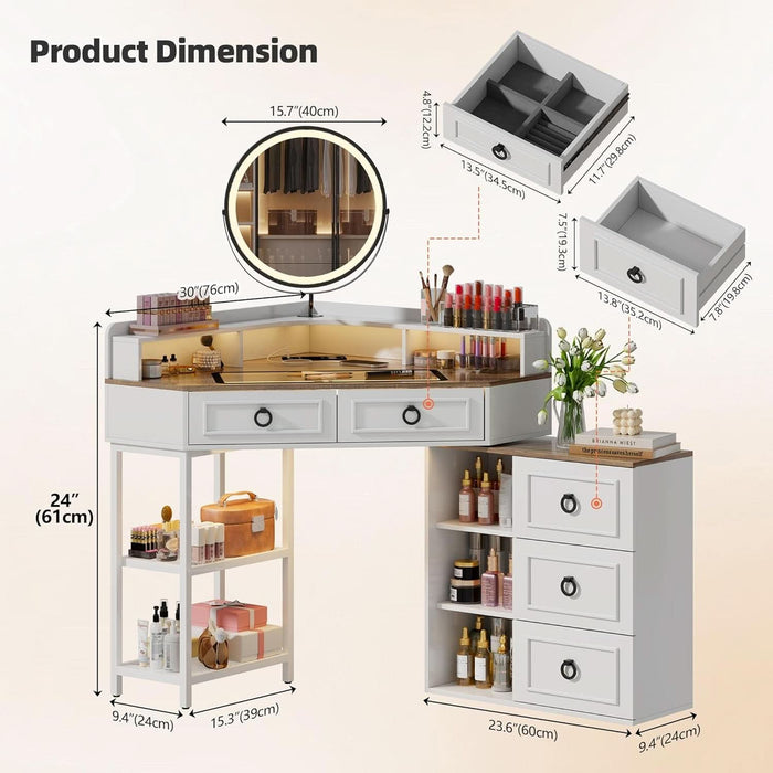 Corner Vanity Desk with Rotating Mirror and Lights,Glass Top Makeup Vanity with Human Body Senor&Charging Station,Led Vanity Table Set with 5 Drawers and Shelves for Bedroom