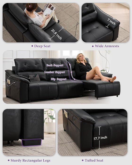 Electric Reclining Sectional Couch, Power Recliner Sofa W/Usb & Type-C Charging Ports and Cup Holders, Leather Reclining Sofa for Living Room, Home Theater