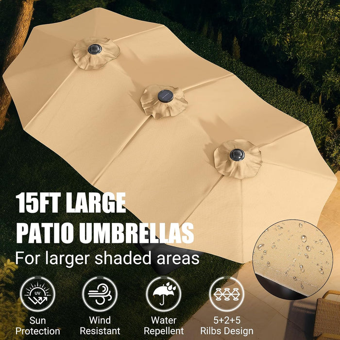 15FT Large Patio Patio Umbrella with Base & Solar LED Lights - Double-Sided,Kahaki
