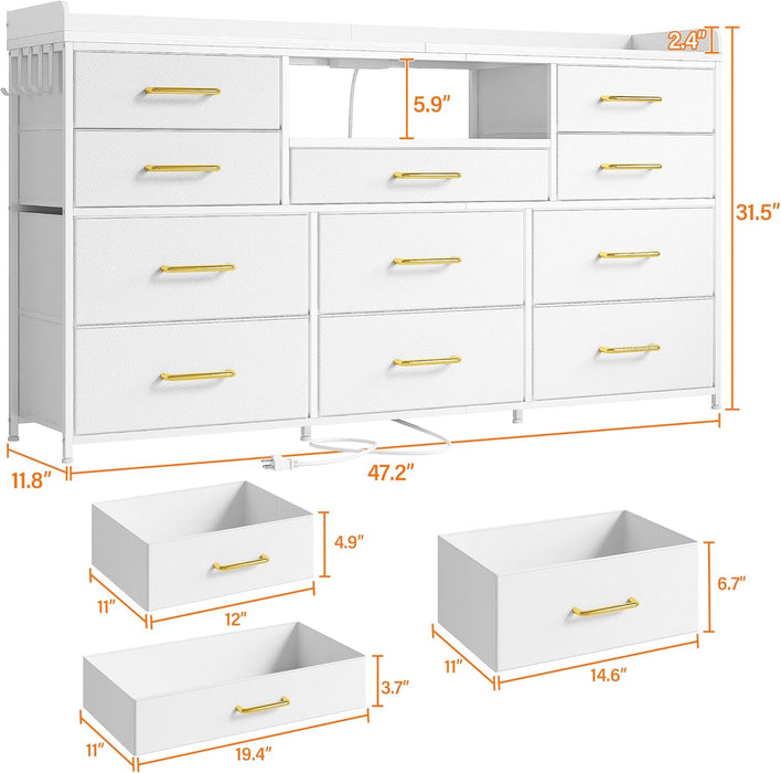 Dresser TV Stand with 11 Drawers for 60" TV Stand for Bedroom with LED Lights & Power Outlets Long Dresser for Bedroom with Shelves & 4 Hooks Sturdy Metal Frame & Wood Top, White