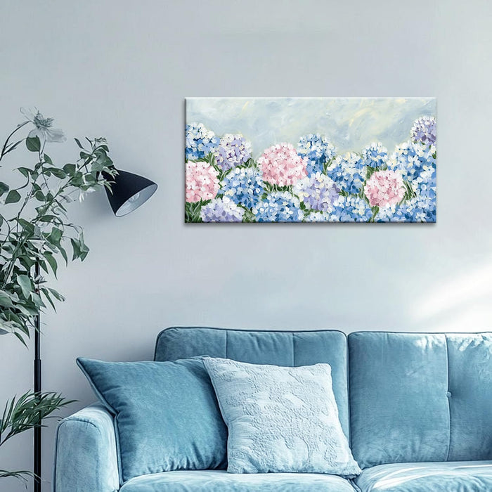 Blue Pink Hydrangea Canvas Wall Art - Large Giclee Floral Canvas Prints, Abstract Flower Wall Decor, Farmhouse Coastal Botanical Wall Art for Living Room Bedroom Bathroom Kitchen Office, Ready to Hang (Hydrangea, 20X40Inch)