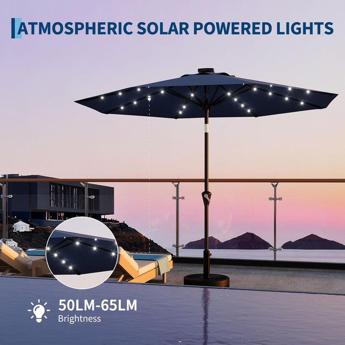 9FT Solar Patio Umbrella with 32 LED Lights - Outdoor Table Umbrella with Crank Lift, Push Button Tilt and 8 Sturdy Ribs - Market Umbrella UV Protection for Pool, Deck, Yard, Garden -Navy Blue