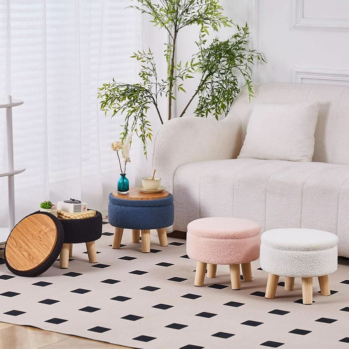 Storage Ottoman, Modern round Footrest with Soft Padded Seat, Teddy Velvet Footstool with Wood Legs, Accent Small Table or Plant Stand for Hallway, Living Room (Cream)