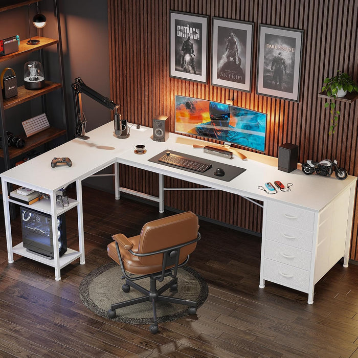 63 Inch L Shaped Desk with Fabric Drawers, Reversible Computer Gaming Desk with Power Outlets and USB-C Port, Adjustable Side Storage Shelves, for Work Study Corner Home Office, White