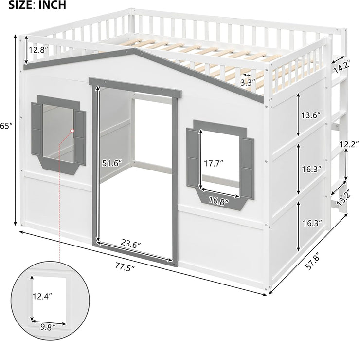 Full Size Wood House Loft Bed with Ladder, Kids Playhouse Bed with Window for Girls Boys, White+Gray