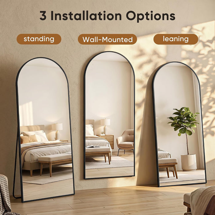 78"×38" Arched Full Length Floor Mirror, Standing Mirror with Aluminum Frame, Large Body Mirror of Free Standing/Wall Mount/Leaning for Bedroom, Living Room, Dressing Room, Black