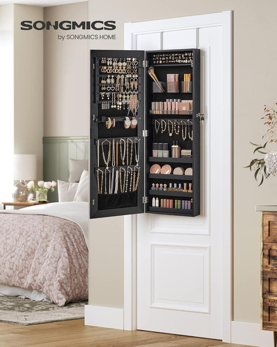 Mirror Jewelry Cabinet Armoire, Wall or Door Mounted Jewelry Storage, Hanging Lockable Frameless with 2 Plastic Cosmetic Organizers, Gift Idea, Black UJJC001B01