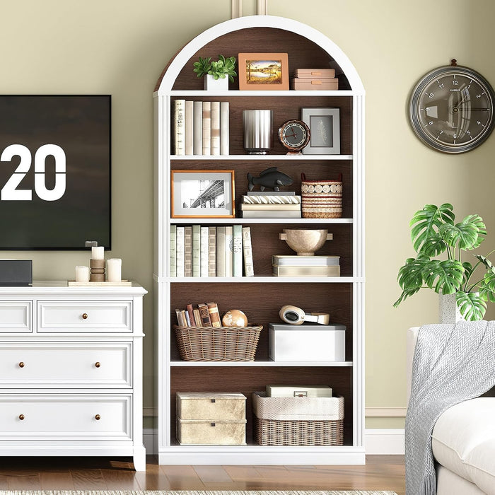 Arched Bookshelf, 75.8" Tall Arch Bookcase with Storage, 6-Tier Farmhouse Book Shelf, Arched Cabinet, Wooden Bookshelf with Open Display Shelves, Adjustable Shelf, Office, Walnut and White