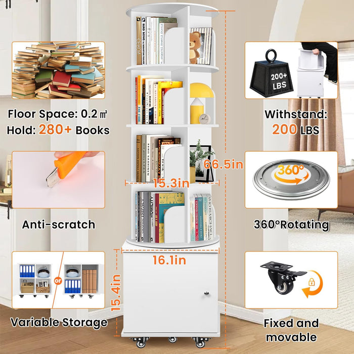 6 Tier Rotating Bookshelf Spinning Bookshelf Tower | 360° Revolving Bookcase with Storage Cabinet Corner Organizer Storage round Carousel with Wheels, White