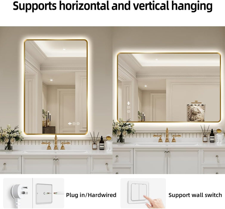 28" X 36" Gold LED Bathroom Mirror with Lights - Motion Sensor