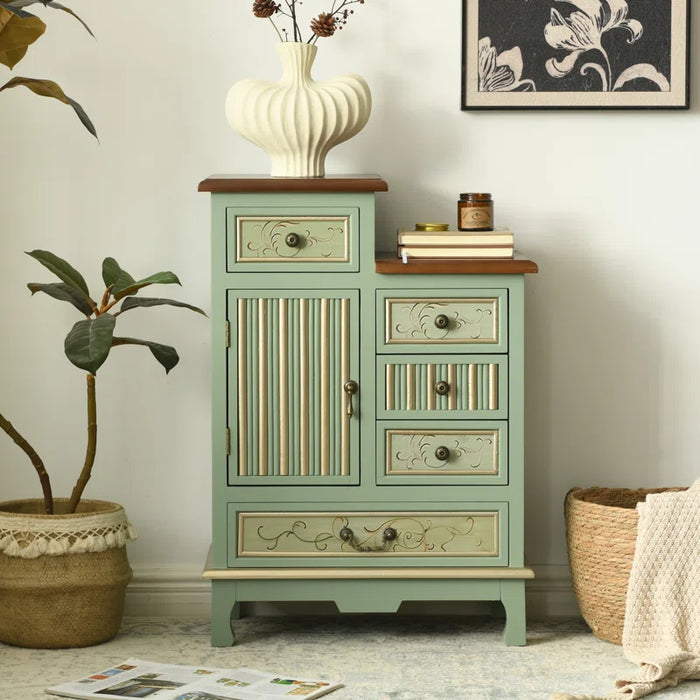 Fienley Farmhouse 1-Door Carved Wood Accent Chest with 5-Drawers, Sage Green Cabinet,Rustic Brown Top