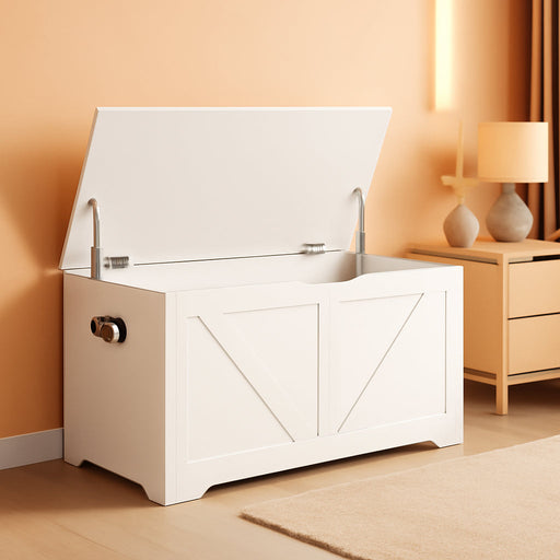 Storage Chest, Storage Trunk with 2 Safety Hinges, Storage Bench, Shoe Bench, Farmhouse Style, 15.7 X 31.5 X 18.1 Inches, for Entryway, Bedroom, Living Room, Cloud White ULSB062T14