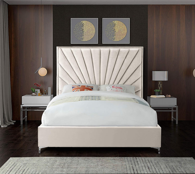 Eclipse Collection Modern | Contemporary Velvet Upholstered Bed with Channel Tufted Design and Complete Sets of Gold and Chrome Legs Included, Queen, Cream