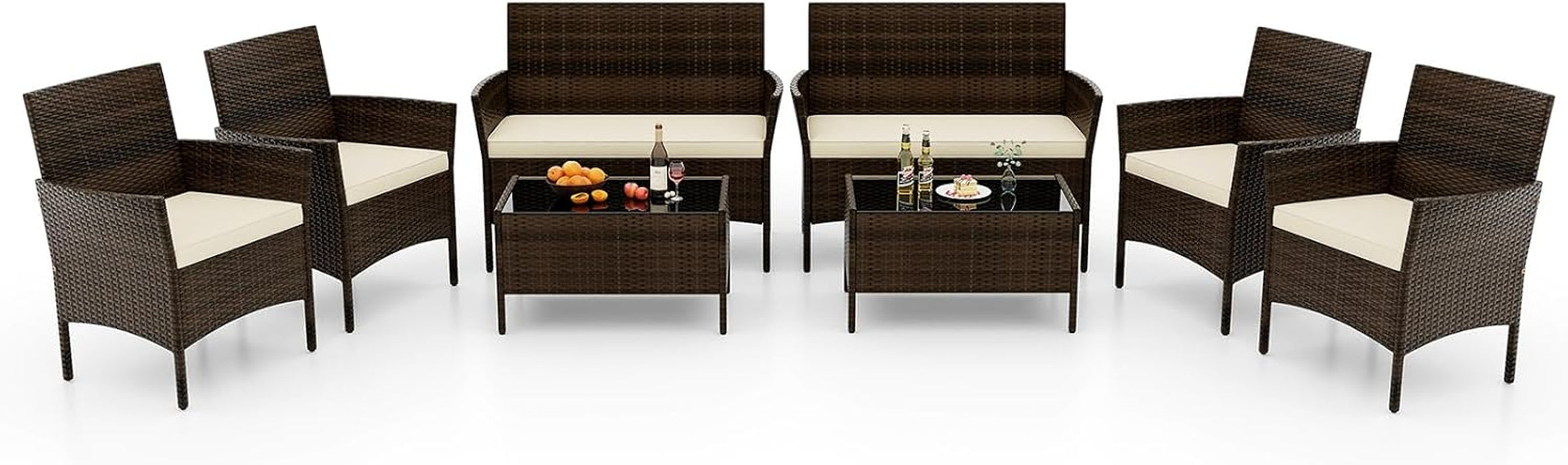 8-Piece Patio Furniture Set - Rattan Outdoor Conversation Bistro Set W/Cushions, Glass Coffee Table, Wicker Chairs & Loveseat for Garden Backyard Porch, Balcony Furniture Set (2, Beige)