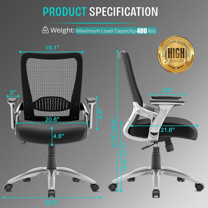 Office Chair, Ergonomic Computer Desk Chair, Sturdy Executive Task Chair - Adjustable Lumbar Support, Flip-Up Arms, Tilt Function, Comfy Wide Seat, Swivel Mesh Home Office Desk Chairs (Black)