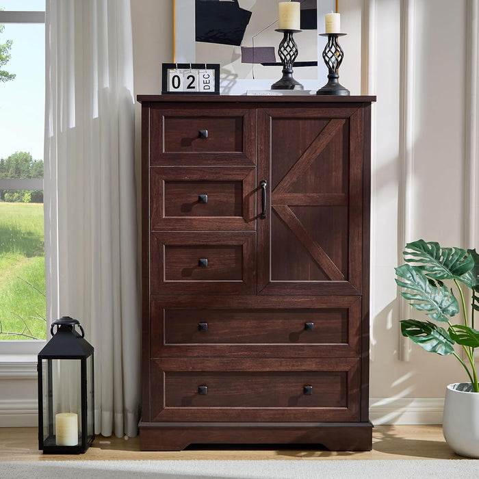 Farmhouse Dresser for Bedroom, Tall Chest of Drawers, Dark Cherry