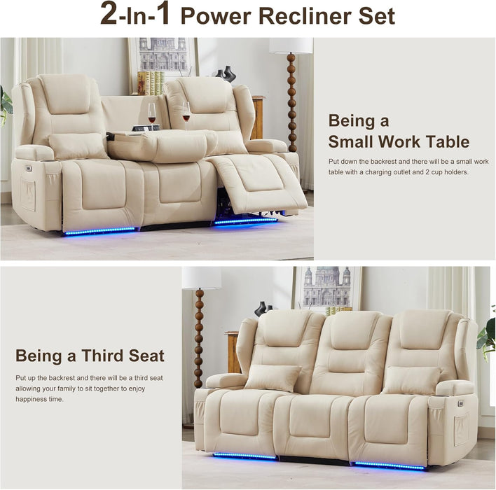 RV Power Loveseat Recliner Sofa, Leathaire Fabric 3-Seater Wall Hugger Reclining Sofa, Home Theater Seating Chair with Cup Holders, 3 Person Couch RV Furniture for Living Room, Beige