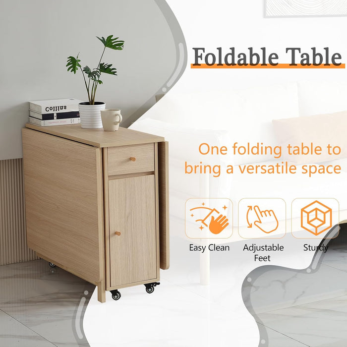 Drop Leaf Folding Dining Table with Storage, Wheels, Space Saving | Foldable Design, 18Mm Thick Plywood, 300 Lbs Capacity, Locking Wheels, Farmhouse Style, for Living Room Kitchen Small Spaces
