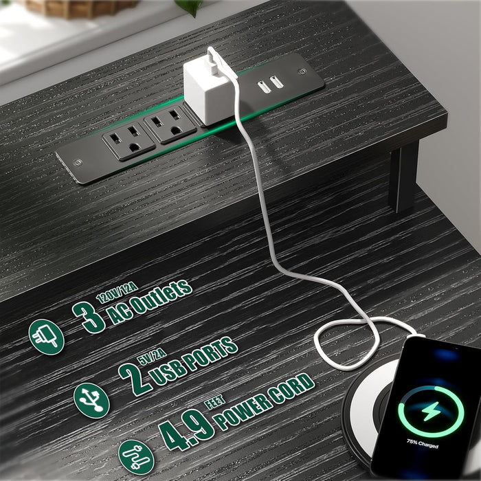 47 Inch Gaming Desk with Power Outlets and LED Lights, Reversible Computer Desk with 5 Fabric Storage Drawers, Home Office Desk with Monitor Stand for Working Writing Study, Black
