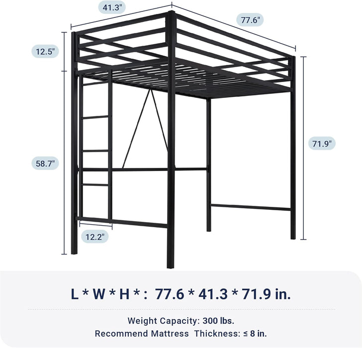 Metal Loft Bed Twin Size with Guardrail and Ladder, Small Space Saving Design for Bedroom Kid Room and Dorm, No Box Spring Needed, Black