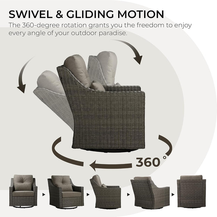 3 Pieces Wicker Patio Bistro Set, Outdoor Furniture Set with 2 Pieces Rattan Rocking Swivel Chairs, Thickened Cushions and Side Table, Brownish Grey Cushions with Grey Wicker