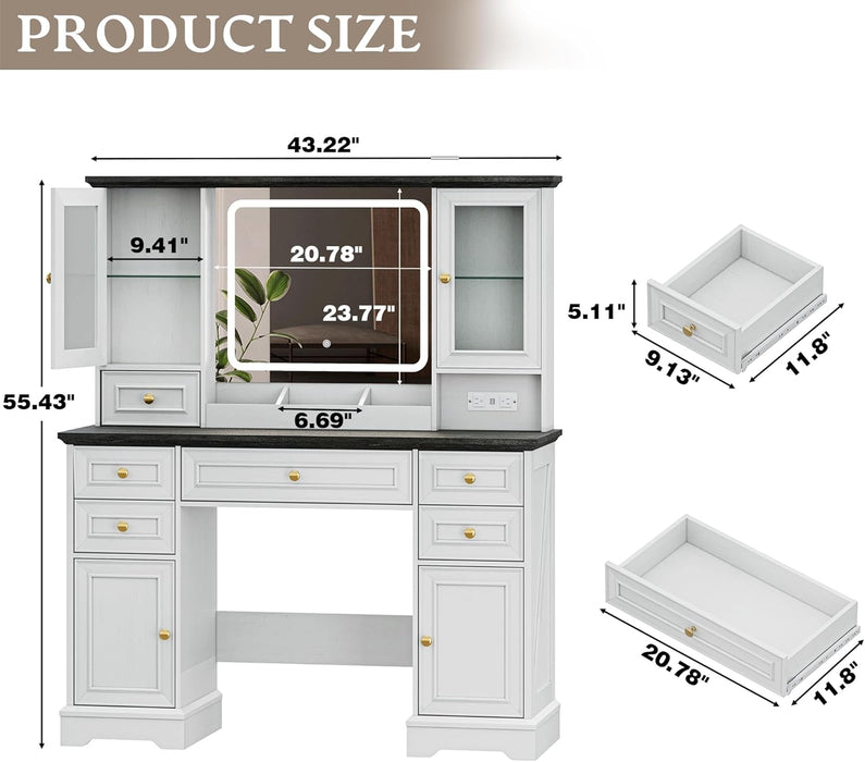 White Farmhouse Vanity Desk With Illuminated Mirror