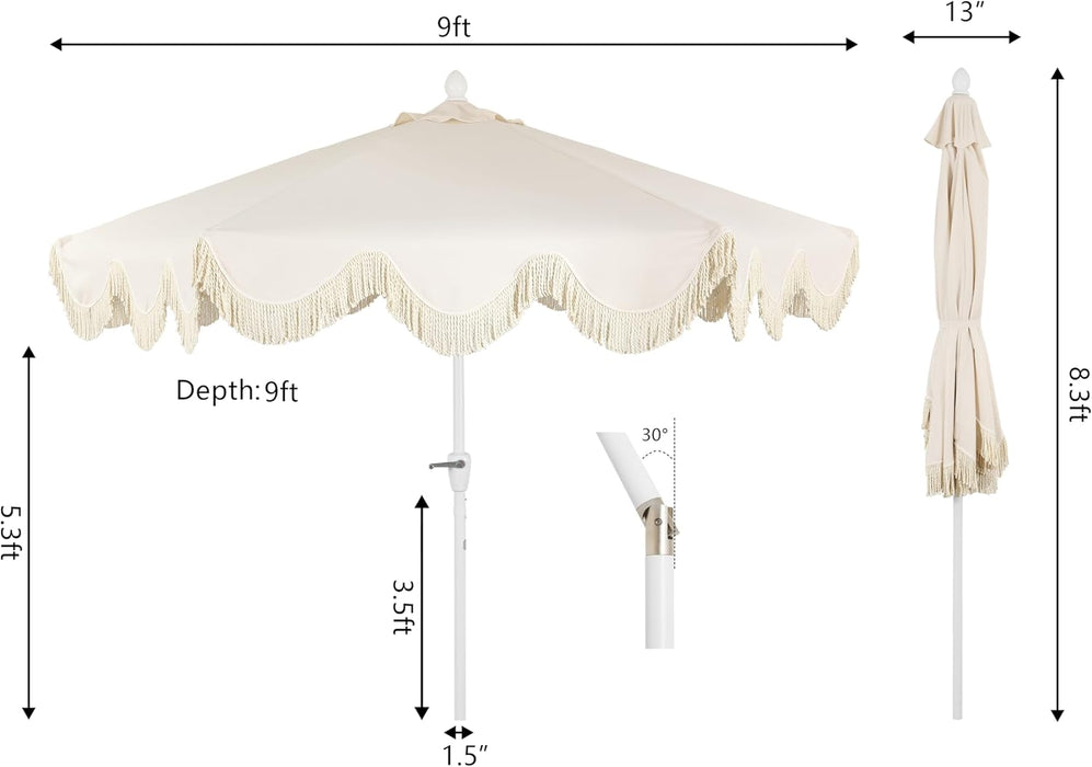 UMB1001 Collins 9 Ft. Classic Cottage Tassel Market Patio Umbrella with Auto-Tilt, Crank, Wind Vent and UV Protection