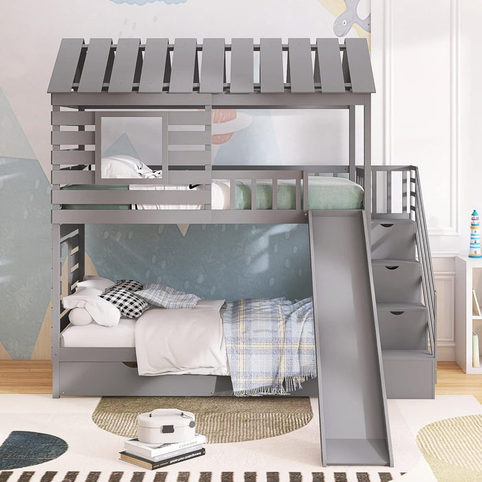 Twin over Twin House Bunk Bed, Wooden Bed Frame with Trundle and Slide, Storage Staircase, Roof and Window Design, Gray