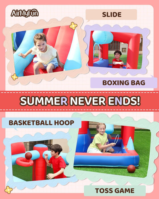 Inflatable Bounce House with Slide, Jumping Castle with Blower,Children Outdoor Playhouse with Jumping Ball Pit&Basketball Hoop&Target Balls