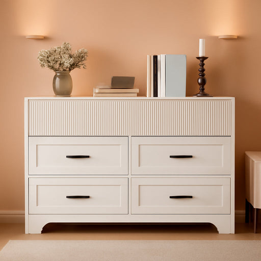 White Dresser for Bedroom with 7 Drawers, 47" Modern Fluted Chest of Drawers with Metal Handle, Wood TV Stand, Closet Storage Organizer for Living Room, Hallway