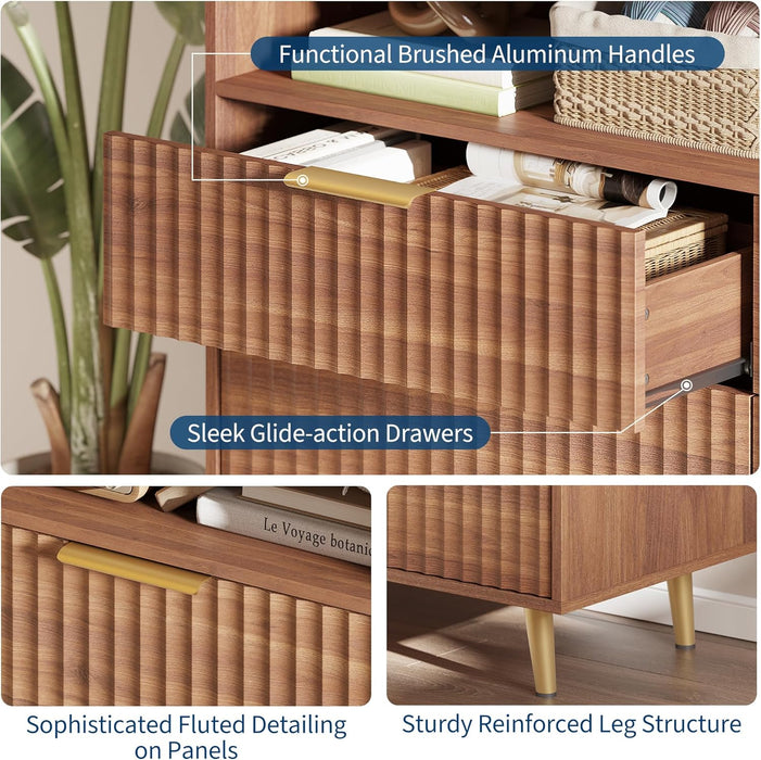 6 Drawers Dresser for Bedroom, 53.9" Wide Dressers with LED Lights and Charging Station, Curved Profile Design, Fluted Wood Drawers with Gold Handle, Modern Chest of Dressers for Living Room, Walnut