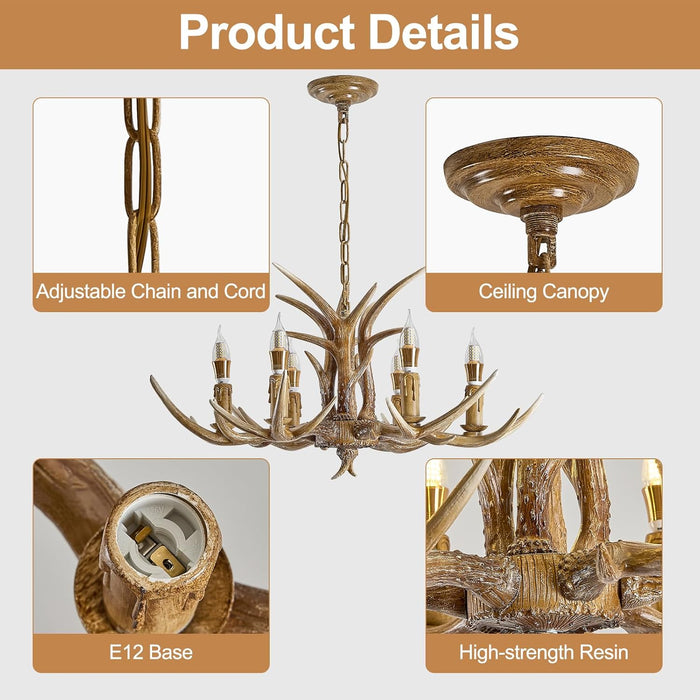 Six Light Antler Chandelier With Durable ResinComposite