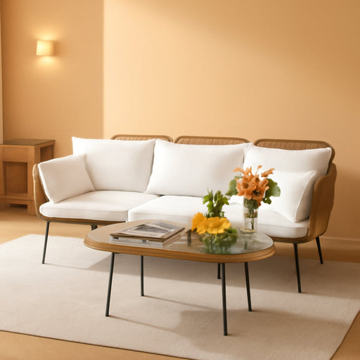 Outdoor Patio Furniture Set, Outdoor Sectional Conversation Rope Woven L-Shaped Sofa Set with Patio Table and Thick Cushions for Backyard Porch Balcony Garden, White