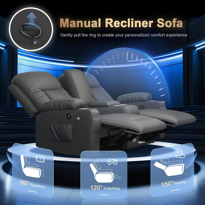 Loveseat Recliner Sofa, Home Theater Seating with Center Console, Reclining Loveseat RV Couch with USB Ports & Phone Holders, Wall Hugger RV Sofa Furniture with Storage & Pocket