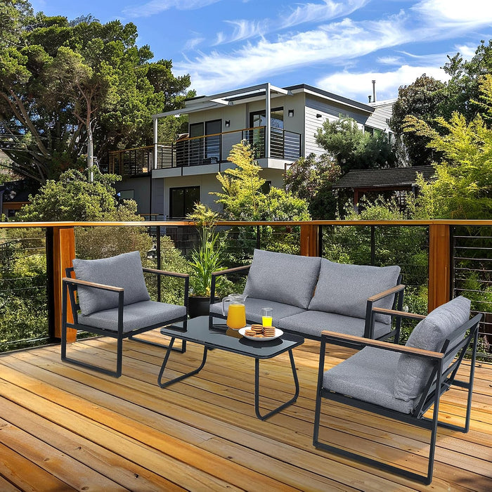 4Pc Metal Patio Conversation Set,Coffee Table,Washable Cushions