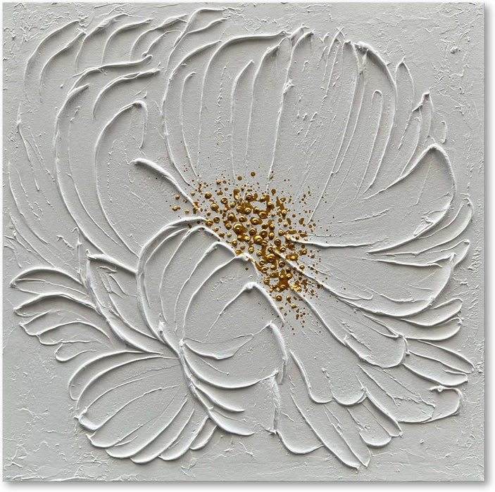 Art 24X24 Inches Hand-Painted White Textured Flower Oil Painting. Modern Abstract Art. Suitable for Decoration on Walls of Living Room, Bedroom or Office
