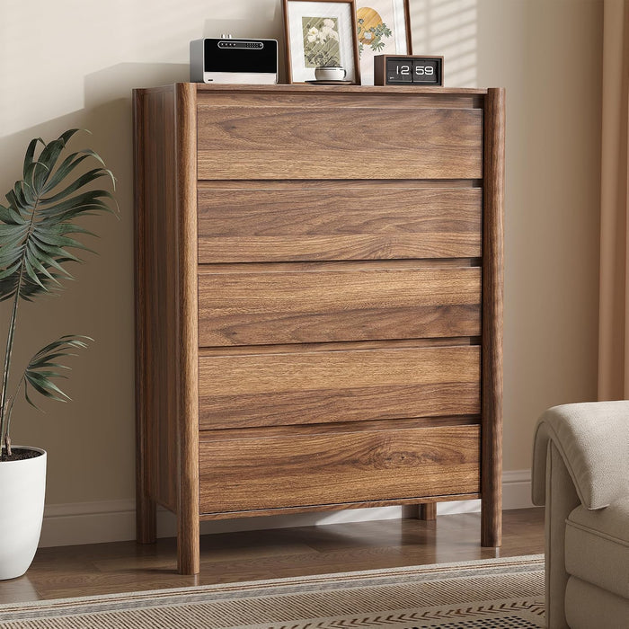 45" Tall Walnut 5 Drawer Dresser for Bedroom with Solid Wood Legs